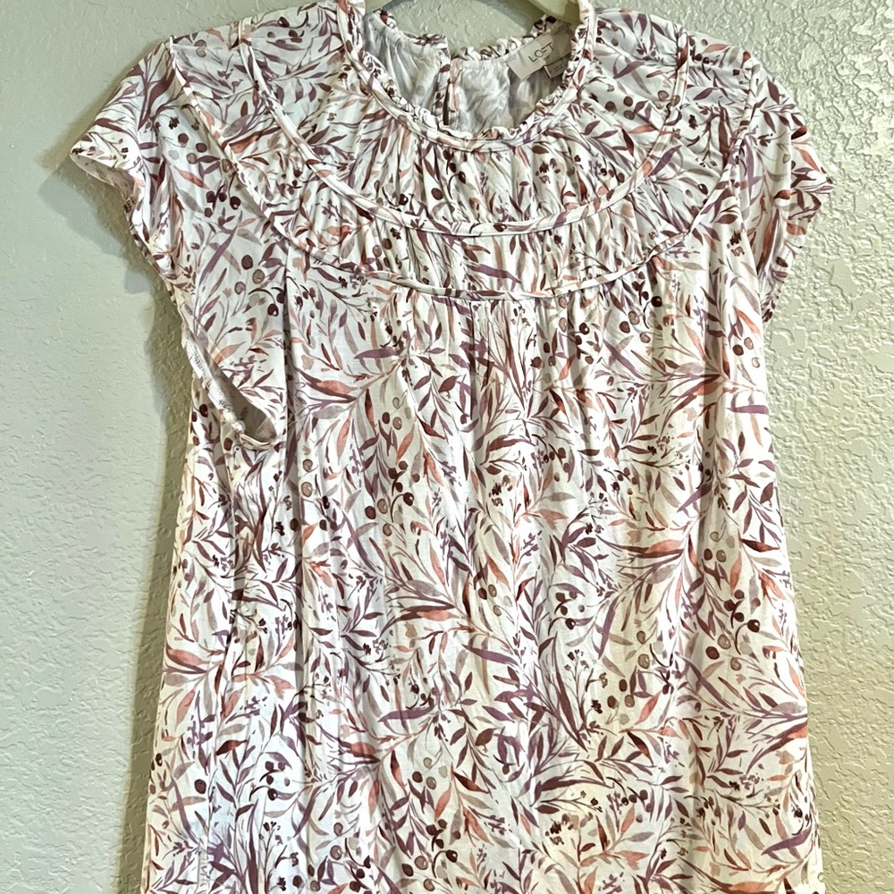 LOFT Cream and Purple Leaf Print Blouse